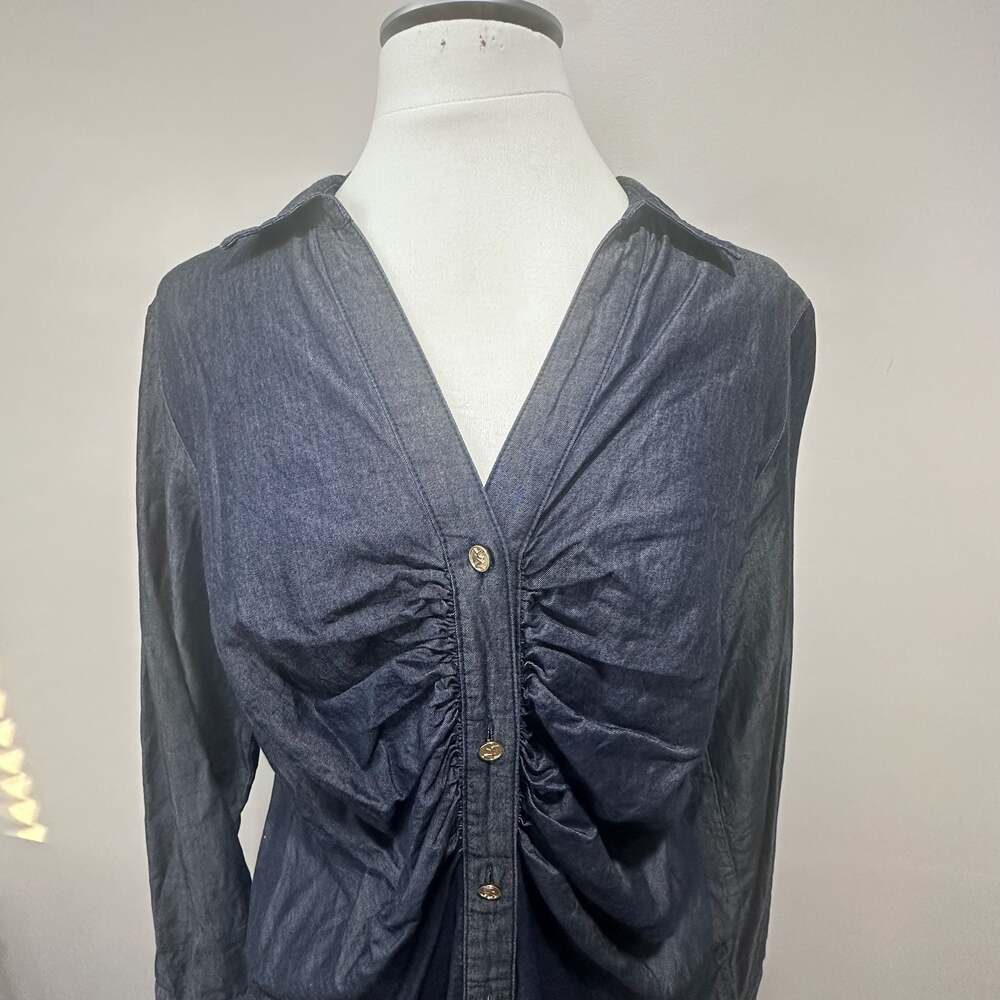 Michael Michael Kors Ruched Front Denim Lyocell Shirtdress in Indigo Rinse - Picture 4 of 6
